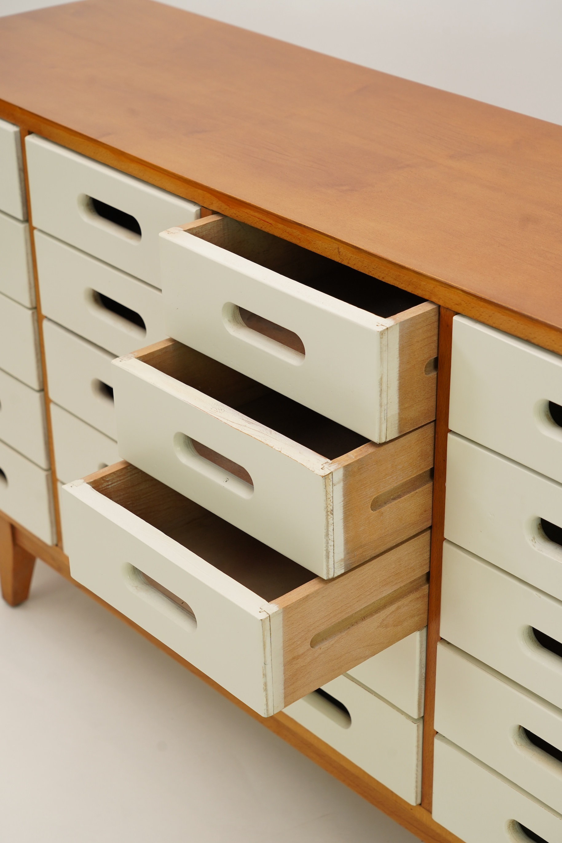 James Leonard (British, 20th century) for Esavian (E.S.A) Education Supply Association Ltd: A School (Scgool) bank of drawers